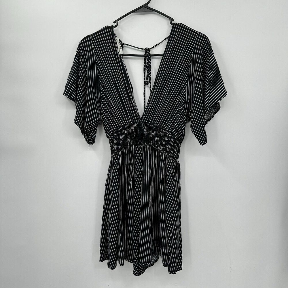 Final Touch Small Romper Womens Black White Striped Smocked Open Tie Back V-Neck
